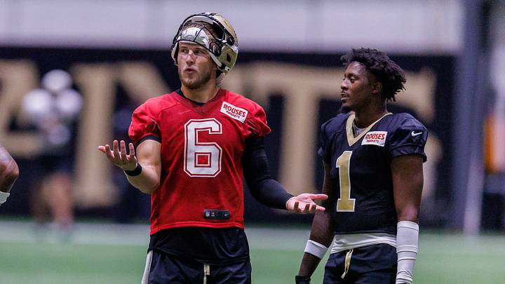 Aug 02, 2026; Metairie, LA, USA; New Orleans Saints quarterback Tyler Shough (6) talks with cornerback Kool-Aid McKinstry (1) during training camp at Ochsner Sports Performance Center. Mandatory Credit: Stephen Lew-Imagn Images Aug 02, 2026; Metairie, LA, USA; New Orleans Saints quarterback Tyler Shough (6) talks with cornerback Kool-Aid McKinstry (1) during training camp at Ochsner Sports Performance Center. Mandatory Credit: Stephen Lew-Imagn Images