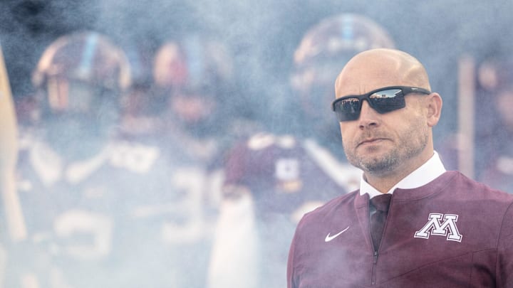 Nov 6, 2021; Minneapolis, Minnesota, USA; Minnesota Golden Gophers head coach P.J. Fleck looks on prior to the game against the Illinois Fighting Illini at Huntington Bank Stadium. Mandatory Credit: Matt Krohn-Imagn Images Nov 6, 2021; Minneapolis, Minnesota, USA; Minnesota Golden Gophers head coach P.J. Fleck looks on prior to the game against the Illinois Fighting Illini at Huntington Bank Stadium. Mandatory Credit: Matt Krohn-Imagn Images