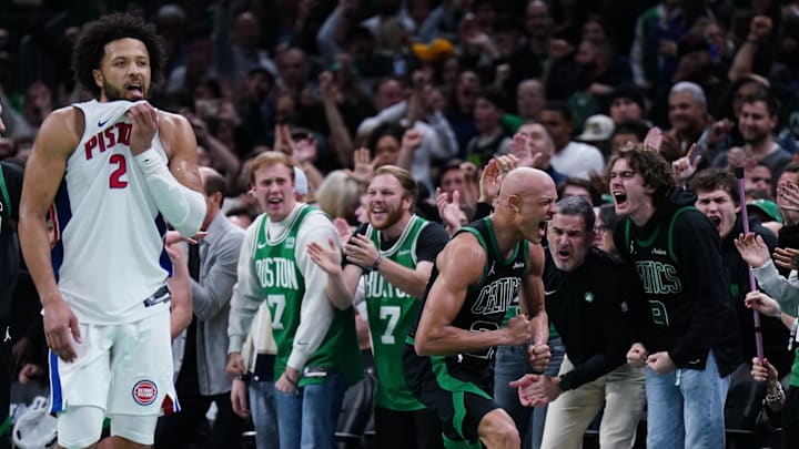 Nov 26, 2025; Boston, Massachusetts, USA; Boston Celtics guard Jordan Walsh (27) and Detroit Pistons guard Cade Cunningham (2) react after an out of bound ball called in the Celtics favor in the last seconds of the fourth quarter at TD Garden. Mandatory Credit: David Butler II-Imagn Images Nov 26, 2025; Boston, Massachusetts, USA; Boston Celtics guard Jordan Walsh (27) and Detroit Pistons guard Cade Cunningham (2) react after an out of bound ball called in the Celtics favor in the last seconds of the fourth quarter at TD Garden. Mandatory Credit: David Butler II-Imagn Images