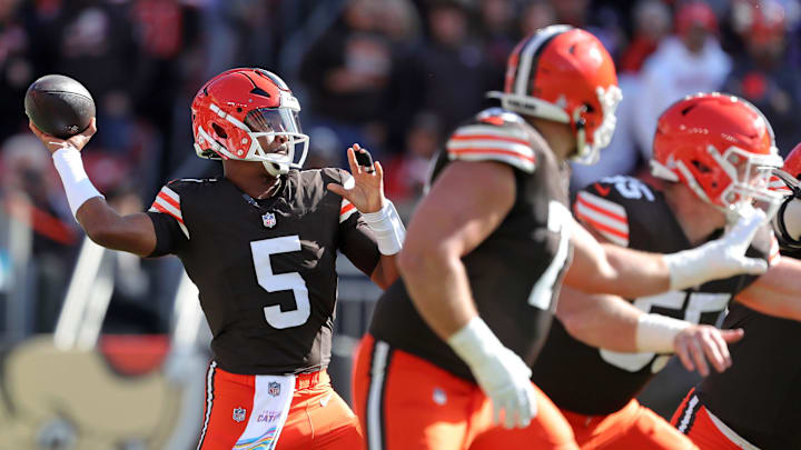 Cleveland Browns quarterback Jameis Winston (5) looks to throw during the first half of an NFL football game at Huntington Bank Field, Sunday, Oct. 27, 2024, in Cleveland, Ohio.