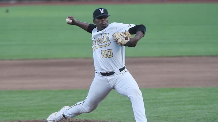 Jun 30, 2021; Omaha, Nebraska, USA; Vanderbilt Commodores pitcher Kumar Rocker (80) pitches in the fourth inning against the Mississippi St. Bulldogs at TD Ameritrade Park. Mandatory Credit: Steven Branscombe-Imagn Images Jun 30, 2021; Omaha, Nebraska, USA; Vanderbilt Commodores pitcher Kumar Rocker (80) pitches in the fourth inning against the Mississippi St. Bulldogs at TD Ameritrade Park. Mandatory Credit: Steven Branscombe-Imagn Images
