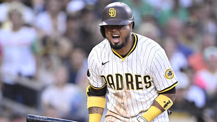 Sep 1, 2025; San Diego, California, USA; San Diego Padres designated hitter Luis Arraez (4) reacts after striking out during the ninth inning against the Baltimore Orioles at Petco Park. Mandatory Credit: Denis Poroy-Imagn Images