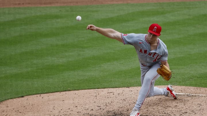 Aug 29, 2024; Detroit, Michigan, USA;  Los Angeles Angels pitcher Ben Joyce (44) pitches in the ninth inning against the Detroit Tigers at Comerica Park. Mandatory Credit: Rick Osentoski-Imagn Images