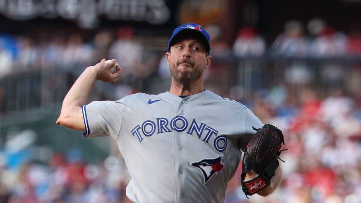 Aug 8, 2026; Philadelphia, Pennsylvania, USA; Toronto Blue Jays pitcher Max Scherzer (31) throws a pitch against the Philadelphia Phillies during the first inning at Citizens Bank Park. Mandatory Credit: Bill Streicher-Imagn Images
