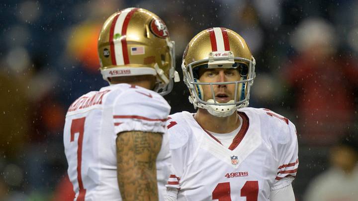 Seattle, WA, USA; San Francisco 49ers quarterbacks Alex Smith (11) and Colin Kaepernick (7) react against the Seattle Seahawks at CenturyLink Field. Mandatory Credit: Kirby Lee/Image of Sport-USA TODAY Sports Seattle, WA, USA; San Francisco 49ers quarterbacks Alex Smith (11) and Colin Kaepernick (7) react against the Seattle Seahawks at CenturyLink Field. Mandatory Credit: Kirby Lee/Image of Sport-USA TODAY Sports