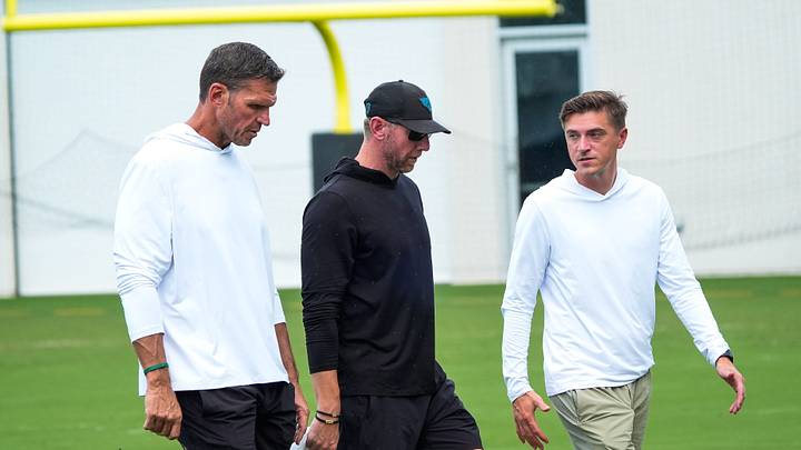Jacksonville Jaguars Executive Vice President of Football Operations Tony Boselli, left,  Jacksonville Jaguars head coach Liam Coen, center and Jacksonville Jaguars General Manager James Gladstone walk off the field after an NFL Jaguars practice at the Miller Electric Center, Tuesday September 2, 2026 in Jacksonville, Fla.  [Doug Engle/Florida Times-Union]