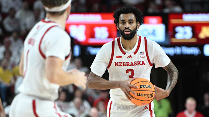 Mar 1, 2025; Lincoln, Nebraska, USA; Nebraska Cornhuskers guard Brice Williams (3) passes against the Minnesota Golden Gophers during the first half at Pinnacle Bank Arena. Mar 1, 2025; Lincoln, Nebraska, USA; Nebraska Cornhuskers guard Brice Williams (3) passes against the Minnesota Golden Gophers during the first half at Pinnacle Bank Arena.