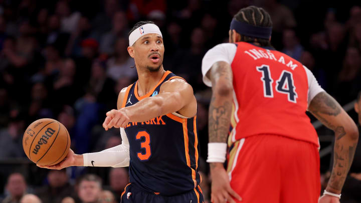 Feb 27, 2024; New York, New York, USA; New York Knicks guard Josh Hart (3) controls the ball against New Orleans Pelicans forward Brandon Ingram (14) during the second quarter at Madison Square Garden. Mandatory Credit: Brad Penner-USA TODAY Sports