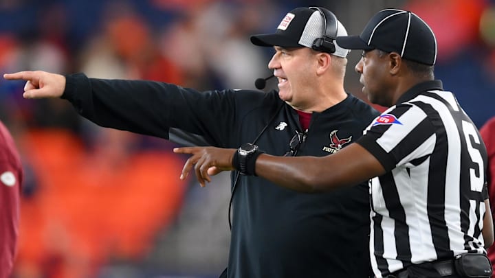 Nov 29, 2025; Syracuse, New York, USA; Boston College Eagles head coach Bill O'Brien reacts to a call with an official against the Syracuse Orange during the second half at the JMA Wireless Dome. Mandatory Credit: Rich Barnes-Imagn Images