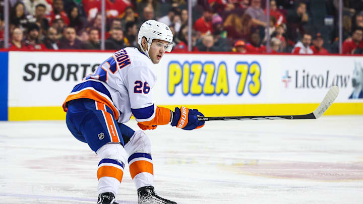 Nov 19, 2024; Calgary, Alberta, CAN; New York Islanders right wing Oliver Wahlstrom (26) skates against the Calgary Flames during the first period at Scotiabank Saddledome. Mandatory Credit: Sergei Belski-Imagn Images