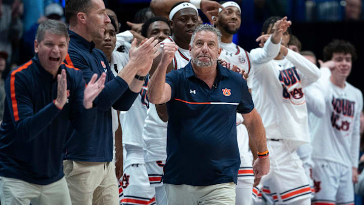 Auburn head coach Pearl reacts to his team's comeback against Tennessee during the quarterfinal game of the SEC Men's Basketball Tournament .