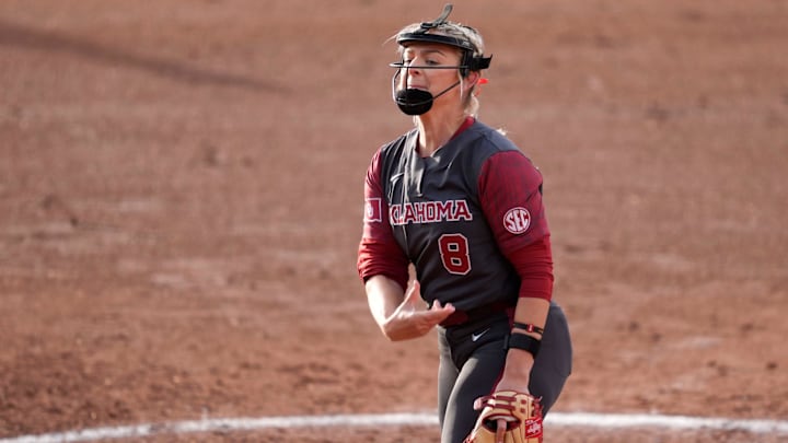 Oklahoma's Isabella Smith (8) pitches during a college softball game between the University of Oklahoma Sooners (OU) and East Texas A&M at Love's Field in Norman, Okla., Wednesday, March 19, 2025.