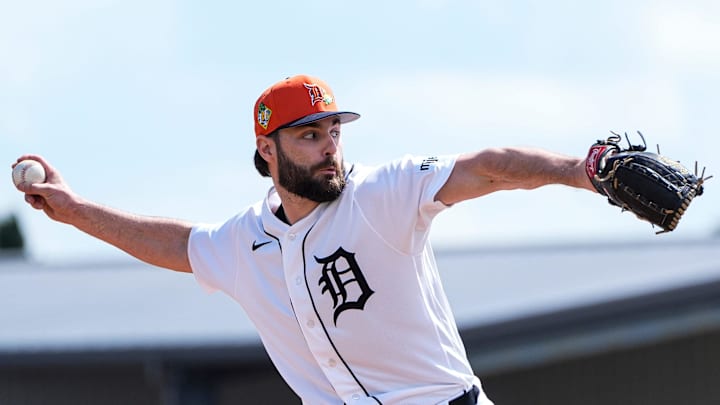 Detroit Tigers pitcher Brenan Hanifee throws at live batting practice during spring training