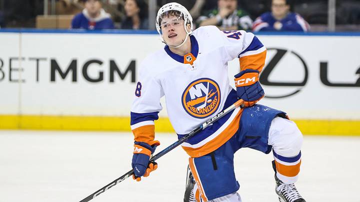 Sep 26, 2023; New York, New York, USA;  New York Islanders forward Matthew Maggio (48) attempts to get up after an injury in the first period against the New York Rangers at Madison Square Garden. Mandatory Credit: Wendell Cruz-USA TODAY Sports