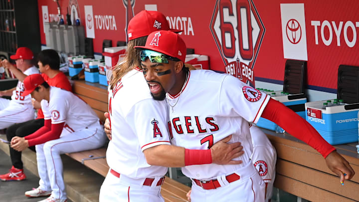 Aug 15, 2021; Anaheim, California, USA;   Los Angeles Angels center fielder Brandon Marsh (16) and Jo Adell