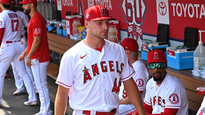 Aug 15, 2021; Anaheim, California, USA;   LA Angels, Reid Detmers