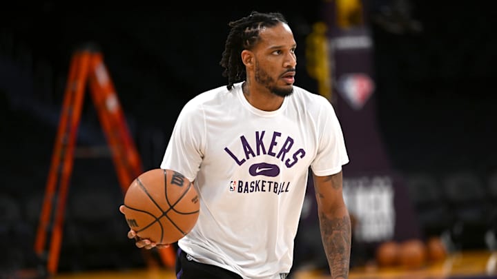 Feb 16, 2022; Los Angeles, California, USA; Los Angeles Lakers forward Trevor Ariza (1) warms up for