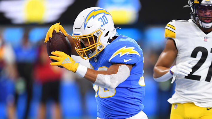 Los Angeles Chargers running back Austin Ekeler scores one of his four touchdowns in L.A's blowout win vs. the PIttsburgh Steelers.