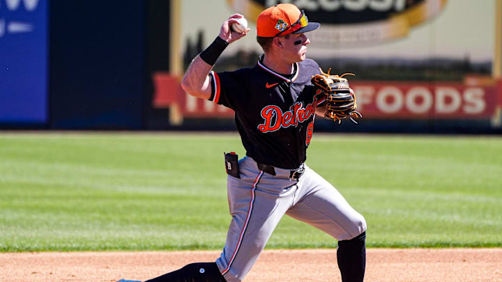 Detroit Tigers infielder Kevin McGonigle throws towards the first base against New York Yankees during the first inning at George M. Steinbrenner Field in Tampa, Fla. on Saturday, Feb. 21, 2026.