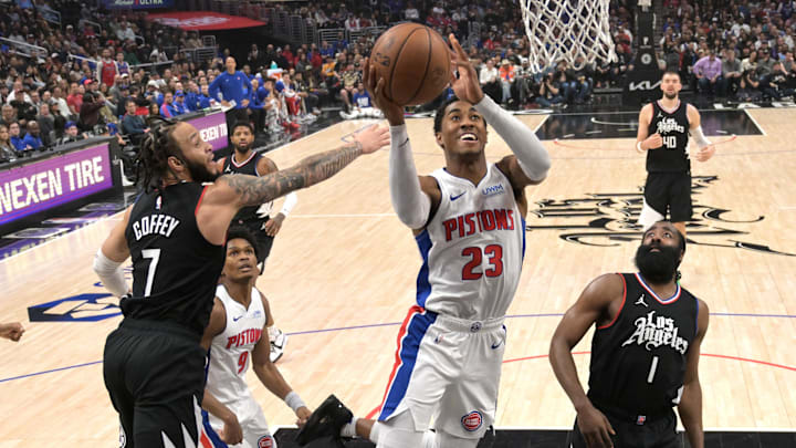 Feb 10, 2024; Los Angeles, California, USA;   Detroit Pistons guard Jaden Ivey (23) drives past Los Angeles