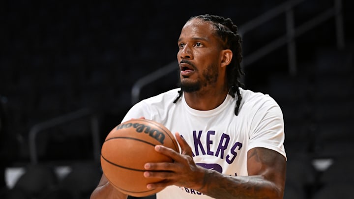 Feb 25, 2022; Los Angeles, California, USA;  Los Angeles Lakers forward Trevor Ariza (1) warms up before the game against the Los Angeles Clippers at Crypto.com Arena. Mandatory Credit: Jayne Kamin-Oncea-Imagn Images