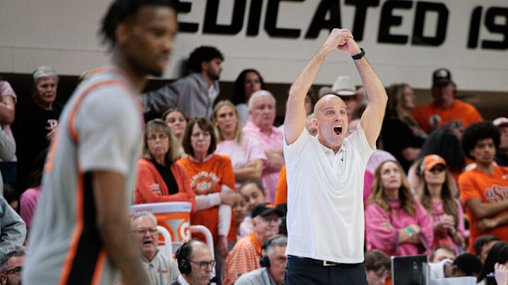 Feb 14, 2026; Stillwater, Oklahoma, USA; Oklahoma State Cowboys coach Steve Lutz reacts to game play during the second half against the TCU Horned Frogs at Gallagher-Iba Arena. Mandatory Credit: William Purnell-Imagn Images Feb 14, 2026; Stillwater, Oklahoma, USA; Oklahoma State Cowboys coach Steve Lutz reacts to game play during the second half against the TCU Horned Frogs at Gallagher-Iba Arena. Mandatory Credit: William Purnell-Imagn Images