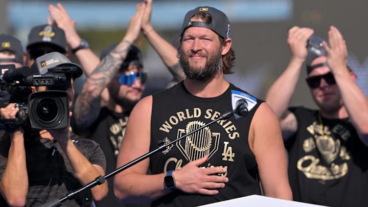 Nov 3, 2025; Los Angeles, CA, USA; Los Angeles Dodgers pitcher Clayton Kershaw (22) speaks to fans during the World Series celebration at Dodger Stadium. Mandatory Credit: Jayne Kamin-Oncea-Imagn Images Nov 3, 2025; Los Angeles, CA, USA; Los Angeles Dodgers pitcher Clayton Kershaw (22) speaks to fans during the World Series celebration at Dodger Stadium. Mandatory Credit: Jayne Kamin-Oncea-Imagn Images