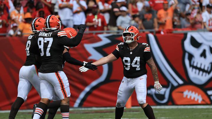 Sep 20, 2026; Tampa, Florida, USA;  Cleveland Browns defensive tackle Mason Graham (94) celebrates a sack against Tampa Bay Buccaneers quarterback Baker Mayfield (6) (not pictured) during the second half at Raymond James Stadium.  Mandatory Credit: Kim Klement Neitzel-Imagn Images
