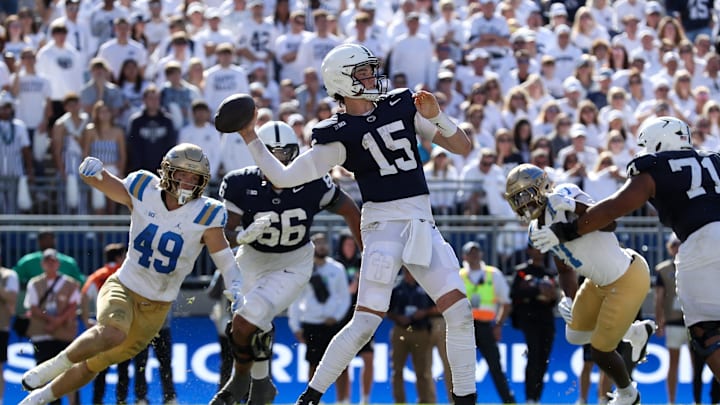 Penn State Nittany Lions quarterback Drew Allar (15) throws a pass during the fourth quarter against the UCLA Bruins. Mandatory Credit: Matthew O'Haren-Imagn Images Penn State Nittany Lions quarterback Drew Allar (15) throws a pass during the fourth quarter against the UCLA Bruins. Mandatory Credit: Matthew O'Haren-Imagn Images