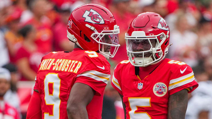 Sep 14, 2025; Kansas City, Missouri, USA; Kansas City Chiefs wide receiver JuJu Smith-Schuster (9) and wide receiver Hollywood Brown (5) are introduced against the Philadelphia Eagles prior to a game at GEHA Field at Arrowhead Stadium. Mandatory Credit: Denny Medley-Imagn Images