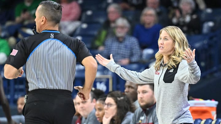 Jan 11, 2024; South Bend, Indiana, USA; Boston College Eagles head coach Joanna Bernabei-McNamee gestures to an official in the second half against the Notre Dame Fighting Irish at the Purcell Pavilion. Mandatory Credit: Matt Cashore-Imagn Images