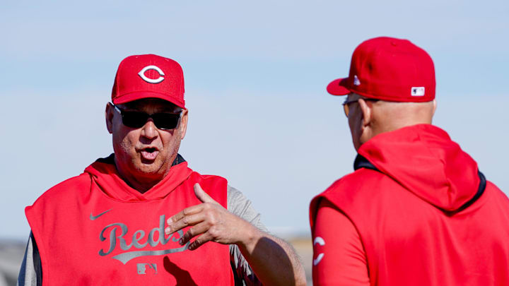 Cincinnati Reds manger Terry Francona chats with bench coach Brad Mills during spring training, Friday, Feb. 21, 2025, at the Cincinnati Reds Player Development Complex in Goodyear, Ariz.