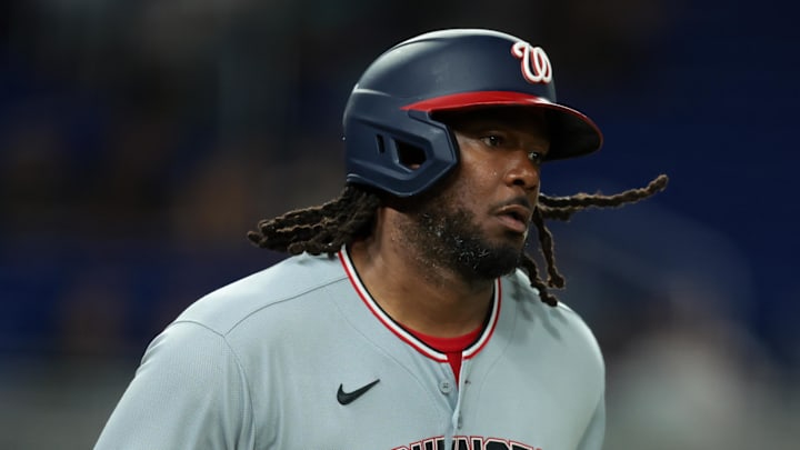 Sep 8, 2025; Miami, Florida, USA; Washington Nationals first baseman Josh Bell (19) circles the bases after hitting a two-run home run against the Miami Marlins during the seventh inning at loanDepot Park. Mandatory Credit: Sam Navarro-Imagn Images