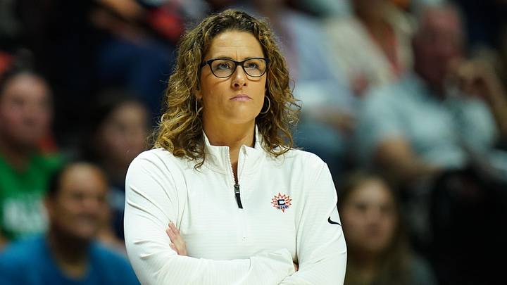 Jun 10, 2024; Uncasville, Connecticut, USA; Connecticut Sun head coach Stephanie White watches from the sideline as they take on the Indiana Fever at Mohegan Sun Arena. Mandatory Credit: David Butler II-Imagn Images