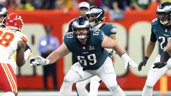 Feb 9, 2025; New Orleans, LA, USA; Philadelphia Eagles  guard Landon Dickerson (69) against the Kansas City Chiefs during Super Bowl LIX at Ceasars Superdome.