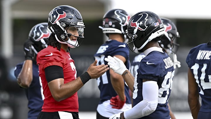 Jun 10, 2025; Houston, TX, USA; Houston Texans quarterback C.J. Stroud (7) and wide receiver Xavier Johnson (89) interact during an NFL football minicamp at NRG Stadium. Mandatory Credit: Maria Lysaker-Imagn Images Jun 10, 2025; Houston, TX, USA; Houston Texans quarterback C.J. Stroud (7) and wide receiver Xavier Johnson (89) interact during an NFL football minicamp at NRG Stadium. Mandatory Credit: Maria Lysaker-Imagn Images