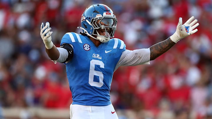 Sep 27, 2025; Oxford, Mississippi, USA; Mississippi Rebels linebacker TJ Dottery (6) reacts during the fourth quarter against the LSU Tigers at Vaught-Hemingway Stadium. Mandatory Credit: Petre Thomas-Imagn Images