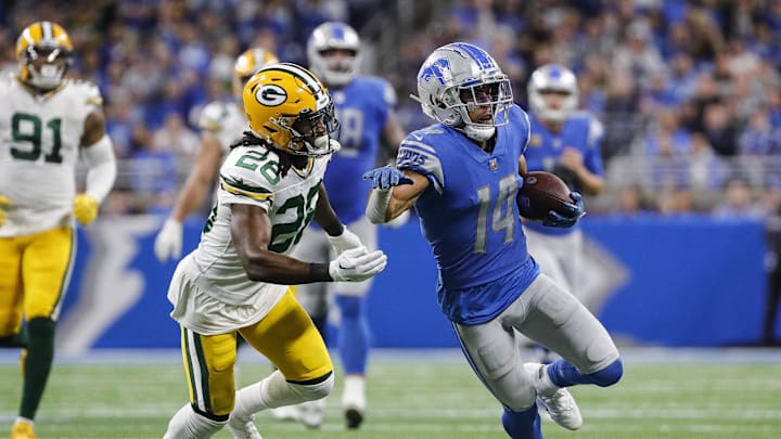 Nov 6, 2022; Detroit, Michigan, USA;  Detroit Lions wide receiver Amon-Ra St. Brown (14) makes a