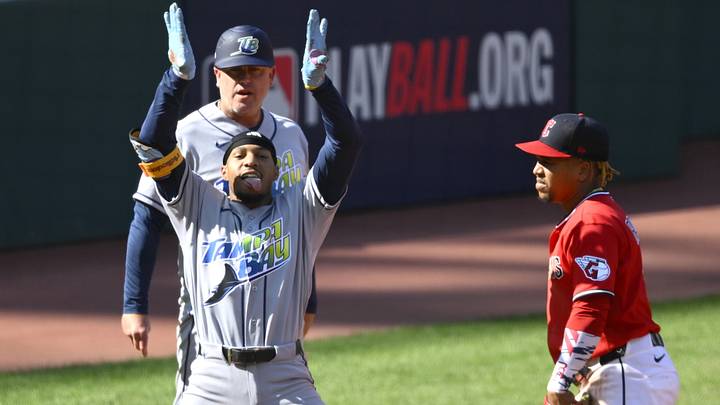Oct 15, 2026; Cleveland, Ohio, USA; Tampa Bay Rays outfielder Chandler Simpson (14) reacts after hitting a triple scoring two runs against the Cleveland Guardians during the fourth inning in game three of the ALCS for the 2026 MLB Playoffs at Progressive Field. Mandatory Credit: David Richard-Imagn Images Oct 15, 2026; Cleveland, Ohio, USA; Tampa Bay Rays outfielder Chandler Simpson (14) reacts after hitting a triple scoring two runs against the Cleveland Guardians during the fourth inning in game three of the ALCS for the 2026 MLB Playoffs at Progressive Field. Mandatory Credit: David Richard-Imagn Images