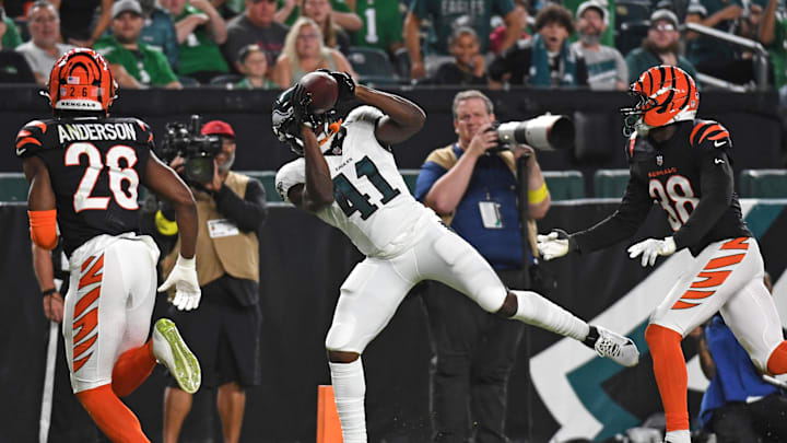 Aug 7, 2025; Philadelphia, Pennsylvania, USA; Philadelphia Eagles wide receiver Darius Cooper (41) catches a 20-yard touchdown pass against the Cincinnati Bengals during the second quarter at Lincoln Financial Field. Aug 7, 2025; Philadelphia, Pennsylvania, USA; Philadelphia Eagles wide receiver Darius Cooper (41) catches a 20-yard touchdown pass against the Cincinnati Bengals during the second quarter at Lincoln Financial Field.