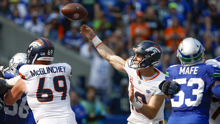 Sep 8, 2024; Seattle, Washington, USA; Denver Broncos quarterback Bo Nix (10) passes against the Seattle Seahawks during the second quarter at Lumen Field. 