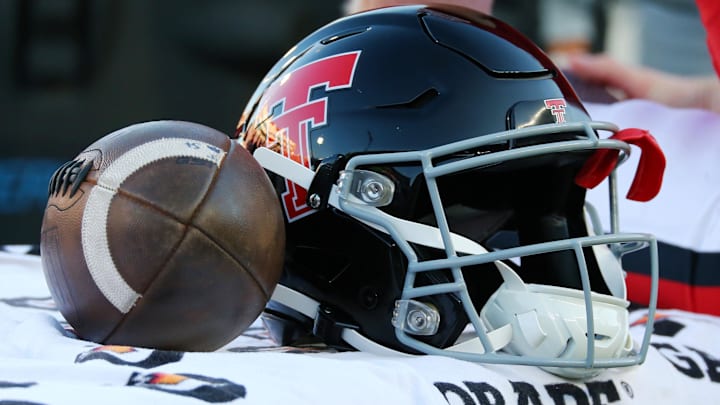 A Texas Tech Red Raiders helmet on the bench. Mandatory Credit: Michael C. Johnson-Imagn Images