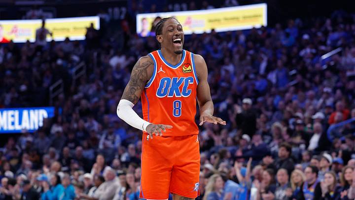 Jan 11, 2026; Oklahoma City, Oklahoma, USA; Oklahoma City Thunder guard/forward Jalen Williams (8) laughs after a play against the Miami Heat during the second half at Paycom Center. Mandatory Credit: Alonzo Adams-Imagn Images Jan 11, 2026; Oklahoma City, Oklahoma, USA; Oklahoma City Thunder guard/forward Jalen Williams (8) laughs after a play against the Miami Heat during the second half at Paycom Center. Mandatory Credit: Alonzo Adams-Imagn Images