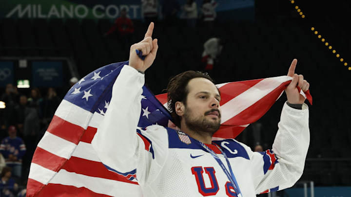 Feb 22, 2026; Milan, Italy; Auston Matthews #34 of Team United States celebrates after the game against Team Canada during the Milano Cortina 2026 Olympic Winter Games at Milano Santagiulia Ice Hockey Arena. Mandatory Credit: Geoff Burke-Imagn Images