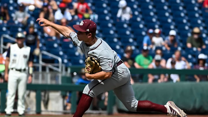 Jun 21, 2022; Omaha, NE, USA;  Texas A&M Aggies pitcher Brad Rudis (32) throws against the Notre Dame Fighting Irish in the eighth inning at Charles Schwab Field. Mandatory Credit: Steven Branscombe-Imagn Images