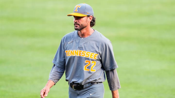 Tennessee head coach Tony Vitello during game one of the NCAA baseball tournament Fayetteville Super Regional between Tennessee and Arkansas held at Baum-Walker Stadium on Saturday, June 7, 2025. Tennessee head coach Tony Vitello during game one of the NCAA baseball tournament Fayetteville Super Regional between Tennessee and Arkansas held at Baum-Walker Stadium on Saturday, June 7, 2025.