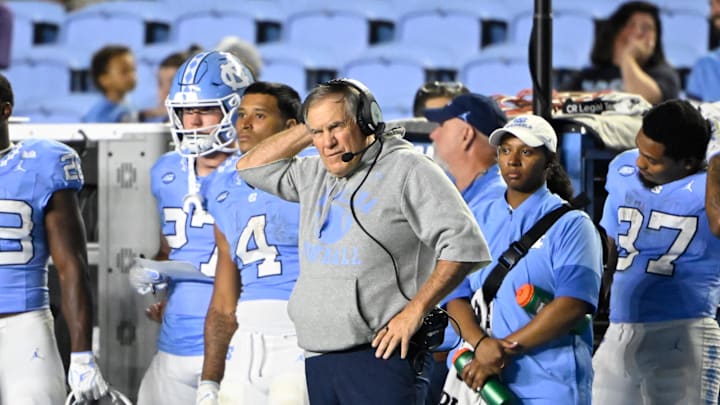 Sep 1, 2025; Chapel Hill, North Carolina, USA;  North Carolina Tar Heels head coach Bill Belichick on the sidelines in the fourth quarter at Kenan Stadium. Mandatory Credit: Bob Donnan-Imagn Images