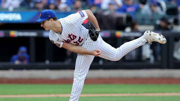 Apr 4, 2025; New York City, New York, USA; New York Mets relief pitcher Max Kranick (32) follows through on a pitch against the Toronto Blue Jays during the eighth inning at Citi Field. Mandatory Credit: Brad Penner-Imagn Images