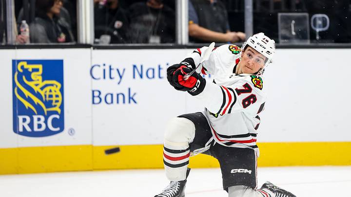 Sep 29, 2026; Las Vegas, Nevada, USA; Chicago Blackhawks left wing Nick Lardis (76) warms up before the game against the Vegas Golden Knights at T-Mobile Arena. Mandatory Credit: Christopher Trim-Imagn Images Sep 29, 2026; Las Vegas, Nevada, USA; Chicago Blackhawks left wing Nick Lardis (76) warms up before the game against the Vegas Golden Knights at T-Mobile Arena. Mandatory Credit: Christopher Trim-Imagn Images