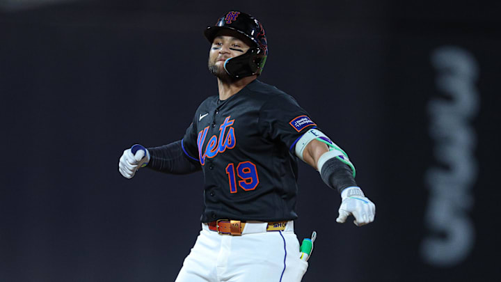 Apr 23, 2026; New York City, New York, USA;  New York Mets shortstop Bo Bichette (19) celebrates after hitting a three-run double during the eighth inning against the Minnesota Twins at Citi Field. Mandatory Credit: Vincent Carchietta-Imagn Images